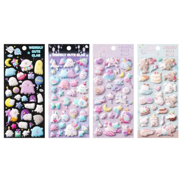 【4枚セット】可愛い3Dバブルシール。ユニコーン、小さなゴースト、クマがデザイン。スマホのデコレーション、水筒や文房具の装飾に。