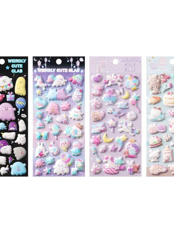 【4枚セット】可愛い3Dバブルシール。ユニコーン、小さなゴースト、クマがデザイン。スマホのデコレーション、水筒や文房具の装飾に。