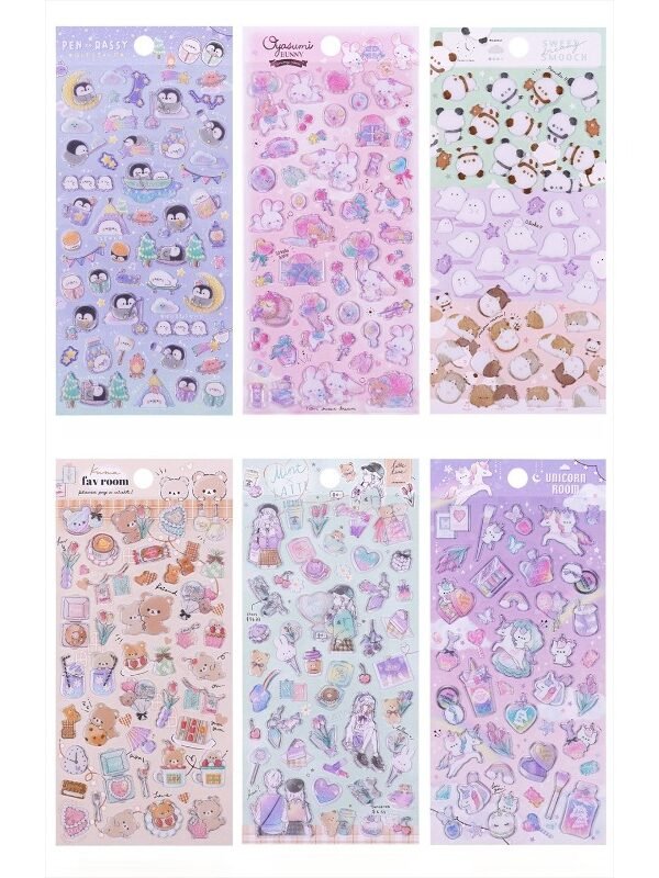 【6枚セット】動物の漫画とキャンディデザインの3Dステッカー、ご褒美や装飾クラフト用のクリスタルステッカー