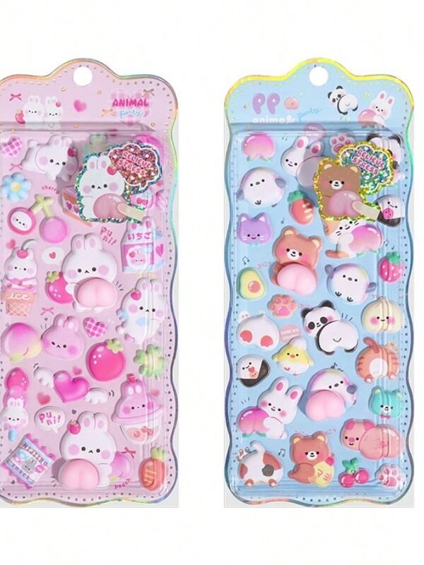 2枚 創造的な動物 3Dステッカー（ウサギ・クマ） - 手帳・スクラップブッキング・学校・オフィス用デコレーション